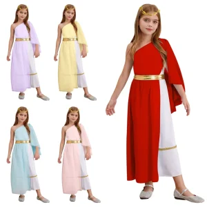 Kids Girls’ Ancient Greek Princess Toga Costume, 3-Piece Set with Waistband and Wreath Headband
