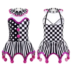 Kids Girls Circus Clown Cosplay Costume Sleeveless Dress for Theme Party Carnival Performance