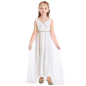Kids Girls Halloween Greek Goddess Mythology White Long Dress Court Cape Shawl Athena Stage Performance Cosplay Carnival Outfit