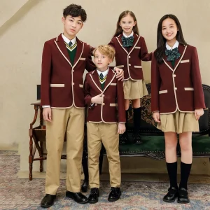 Kids Girls Long Sleeve Coat with Shirt Tie Mini Skirt Costume British Korean Style Student School Uniform Set