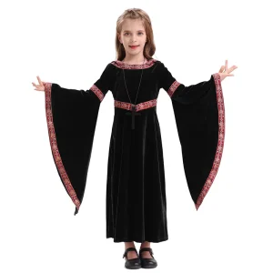 Kids Girls Medieval Gothic Velvet Hooded Witch Dress and Vampire Cloak Costume