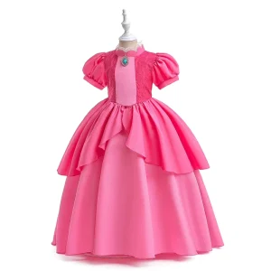 Kids Girls Pink Princess Dress Lace Puff Sleeves Cosplay Party Stage Costume
