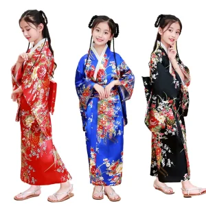 Kids Girls Traditional Japanese Kimono Yukata Dress Satin Novelty Bath Robe Blossom Kimono Print Flower Dress