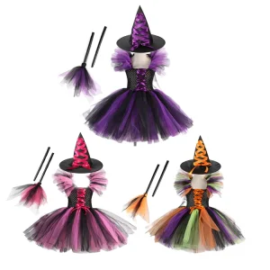 Kids Girls Witch Costume Set with Tutu Dress, Hat, Broom, and Pantyhose