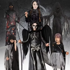 Kids Grim Reaper Costume Set Skeleton Ghost Halloween Outfit for Boys and Girls Cosplay Trick-or-Treat