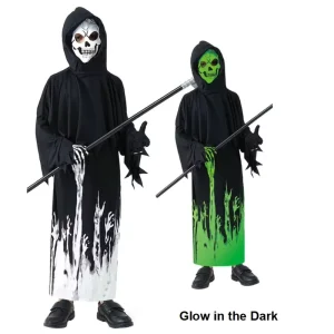 Kids Grim Reaper Ghost Costume Set with Glow-in-the-Dark Scythe Hooded Robe and Belt
