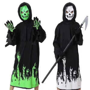 Kids Halloween Glow-in-the-Dark Ghost Cosplay Costume with Grim Reaper Robe and Vampire Accessories