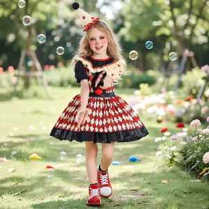 Kids’ Harlequin Jester Costume Set with Cone Hat, Overalls, and Dress