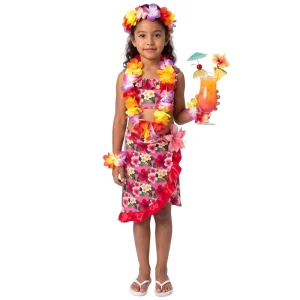 Kids Hawaiian Hula Costume For Girls Pink Floral Printed Luau Party 5PC Set Flower Lei Headband Performance Outfit
