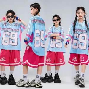 Kids’ Hip Hop Dance Costume Hot Pink Light Blue Mesh Shirt Baggy Basketball Shorts