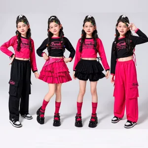Kids’ Hip Hop Dance Costume Magenta and Black Sweatshirt Cargo Pants Streetwear Set