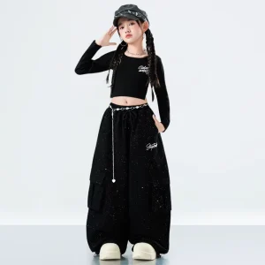 Kids Jazz Dance Costumes Urban Fashionable Black Starry Pattern Cargo Trousers Modern High Street Recital Competition Outfit