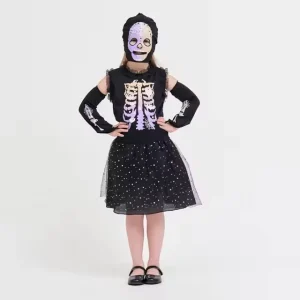 Kids’ Long-Sleeve Skeleton Jumpsuit Costume with Cloak and Hat