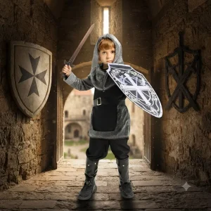 Kids Medieval Knight Costume Set with Hooded Tunic, Belt, Boots, Sword and Shield Small/Medium