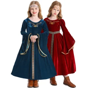 Kids’ Medieval Renaissance Costume with Trumpet Sleeves Vintage Court Cosplay Outfit for Halloween