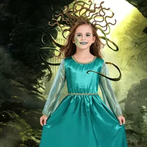 Kids Medusa Costume Teal Satin Long Dress Girls Halloween Cosplay Outfit Greek Mythology Fancy Dress Party Costume