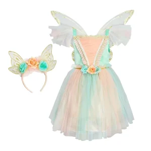Kids Pastel Princess Costume Set with Beaded Chiffon Tulle Dress, Wings and Flower Headband