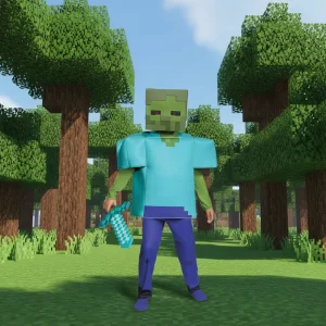 Kids Pixel Zombie Costume with Diamond Sword for Halloween and Cosplay