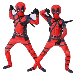 Kids Red Superhero Full-Body Jumpsuit Costume with Mask