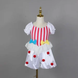 Kids Red and White Striped Clown Dance Costume with Ruffle Sleeves, Bow, and Pom-Pom Details