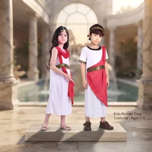 Kids Roman Toga Costume for Boys and Girls White and Red Greek Costume with Gold Laurel Wreath for Halloween Dress Up Parties