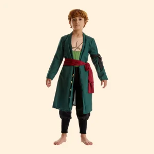 Kids Samurai Costume Set Green Haori Jacket with Pants & Three Swords Prop Unisex Anime Style Roleplay Outfit