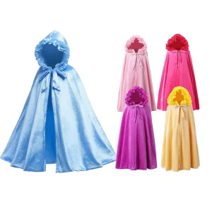 Kids Solid Velvet Lace Hooded Cloak Long Princess Cape