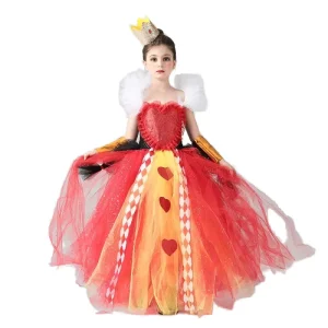 Kids’ Sparkly Red Queen Halloween Costume Fairy Tale Villain Dress Cosplay Queen of Hearts Dress for Girls