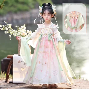 Kids’ Tang Dynasty Traditional Floral Embroidery Princess Dress