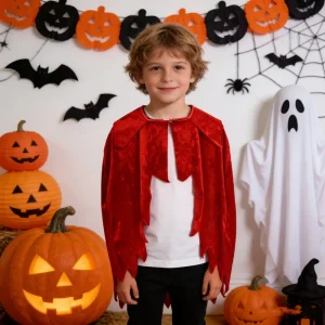 Kids Unisex Red Devil Vampire Cape Cloak Shiny Velvet Halloween Cosplay Costume