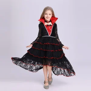 Kids Vampire Queen Costume Dress Black Red Lace for Girls Halloween Cosplay