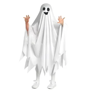 Kids’ White Sheet Ghost Costume with Spooky Face Design for Halloween
