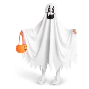 Kids’ White Tattered Ghost Cape Costume with Pumpkin Bag