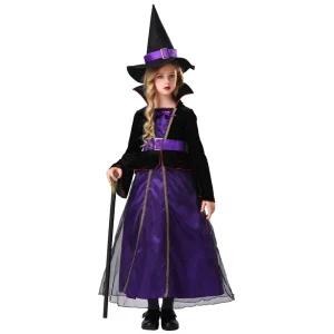 Kids Witch Costume Purple Black Dress With Hat Girls Halloween Cosplay Outfit