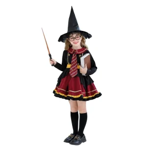 Kids Witch Inspired Costume with Hat & Wand Halloween Cosplay Outfit for Girls