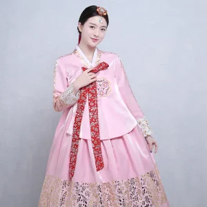 Korean Traditional Ladies’ Court Wedding Gilded Hanbok Costume Dance Stage Performance Polyester Long Dress