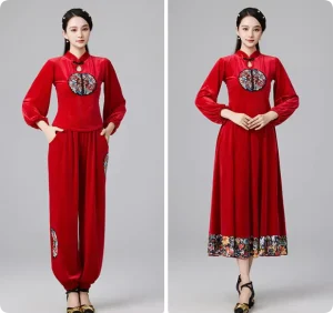 Korean Velvet Dance Costume Set Long Sleeve Large Swing Dress for Square Dance Yangko Folk Classical Dance Performance