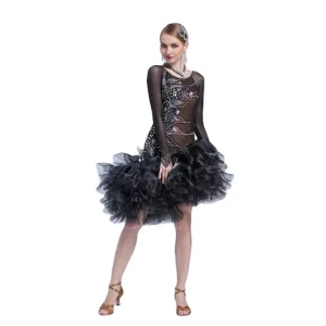 L 17223 Adult Female Perspective Mesh Rumba Dancing Dress Latin Dance Costumes Dress Uniform for Competition