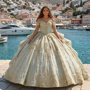 LSMC131 Mint Green Lace Applique Ball Gown Off-Shoulder Beaded Corset Quinceanera Dress