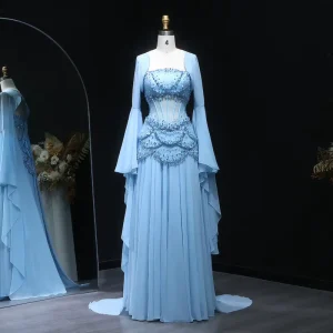 LSZ286 Blue Party Mermaid Evening Dress with Cape Sleeves