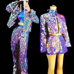 Laser Mirrors Stage Performance Costume Women Singer Jazz Dance Shiny Suits Sequins Jacket Skirt Pants Performance Costume