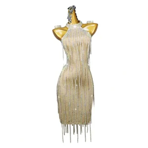 Latin Dance Costume Skirt Stage Performance Dress with Printed Embossed Rhinestone Tassels Spandex Polyester Material Genuine