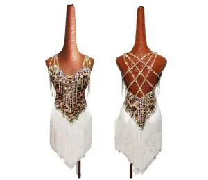 Latin Dance Dress Women Fringe Rhinestone Leopard Salsa Ballroom Performance Costume Sparkly Competition Dress Tassel Outfit