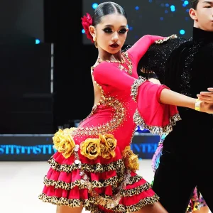 Latin Dance Floral Costume Rhinestone Embellished Petal & Sequin Performance Outfit for Ballroom Dance Art Exam