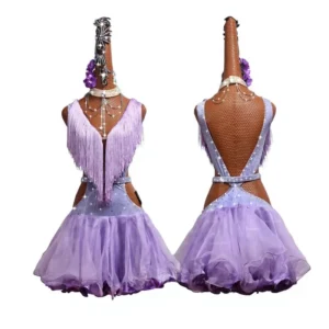 Latin Dance Women’s Adult Competition Costume Performance Dress Tassel Style Hollow Light Purple Fringed Pleated Skirt
