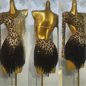 Leopard Print Fringe Latin Dance Competition Dress One Long Sleeve Rhinestone Tassel Performance Costume Ballroom Dance Dress