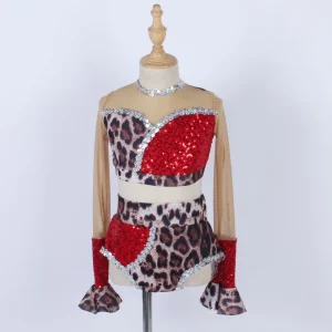 Leopard Spandex Dance Leotard Latin Red Sequin Dance Costume Silver Sequin Stage Performance Jazz Dance Wear