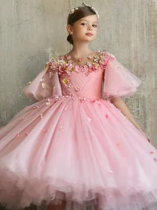 Little Girl Pink Appliqued Ball Gown Princess Dress Fairy Birthday Pageant Performance Costume