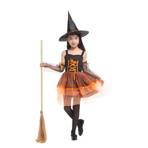 Little Girl Witch Dress Kids Halloween Witch Costume Carnival Cosplay Dress With Hat Orange Girls Lovely Organza Witch Dress