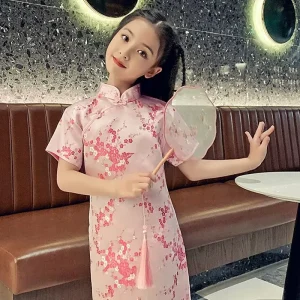 Little Girls’ Qipao Dress Summer Autumn Vintage Chinese Style Princess Dress Polyester OEM